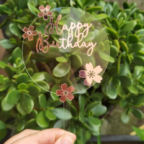 Топпер круглый розовый цветы Happy Birthday (14,5*9см)