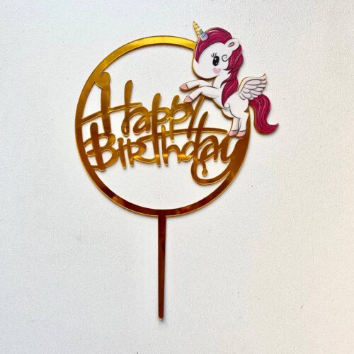 Топпер дитячий золото Happy Birthday Єдиноріг з крильцями